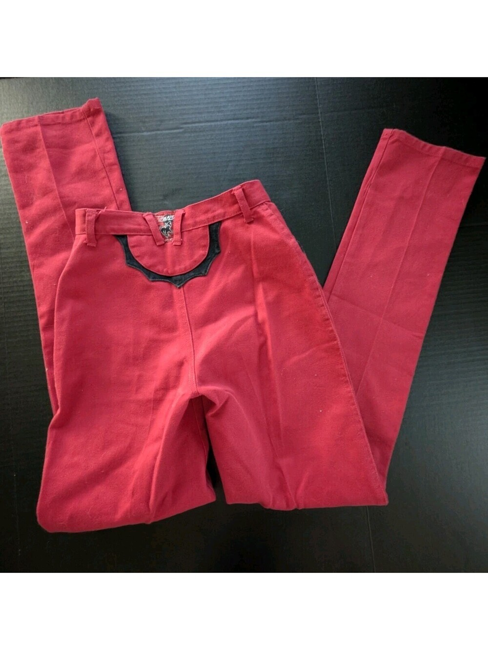 Rare 80s Vtg Blaze Red Black Batwing Rodeo Jeans High Rise 24 Waist 36 Inseam